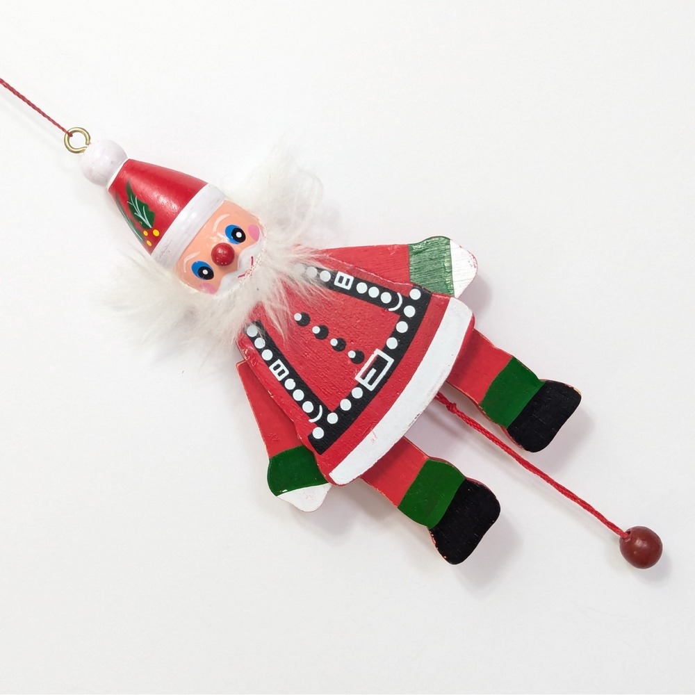 Vintage Wooden Pull String Santa Claus Toy Puppet Christmas Ornament 8" Taiwan